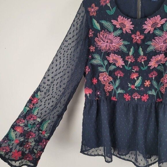 American Eagle Outfitters Embroidered Peplum Top Long Bell Sleeve Floral Size S - Picture 5 of 12